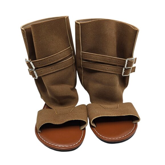 Women's Faux Suede Brown Cuff Mid-Calf Open Toe Slip-on Flat Sandals Size 8 (39) - Picture 2 of 6